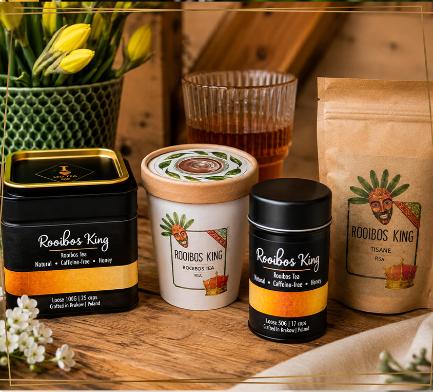Rooibos Long Cut Leo Tea – puszka, doypack i kubek prezentowy